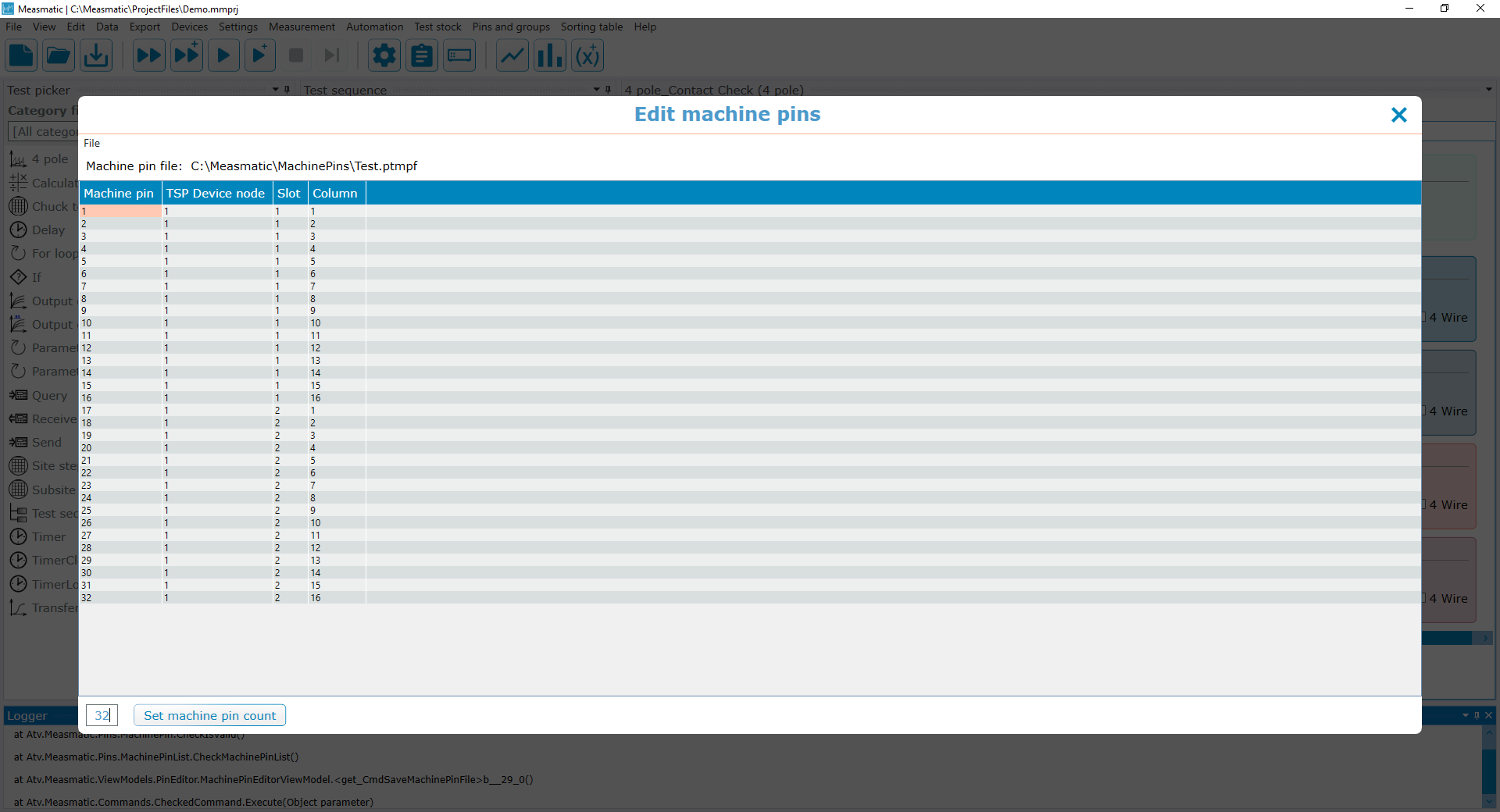 Figure 7.1: Machine pin editor