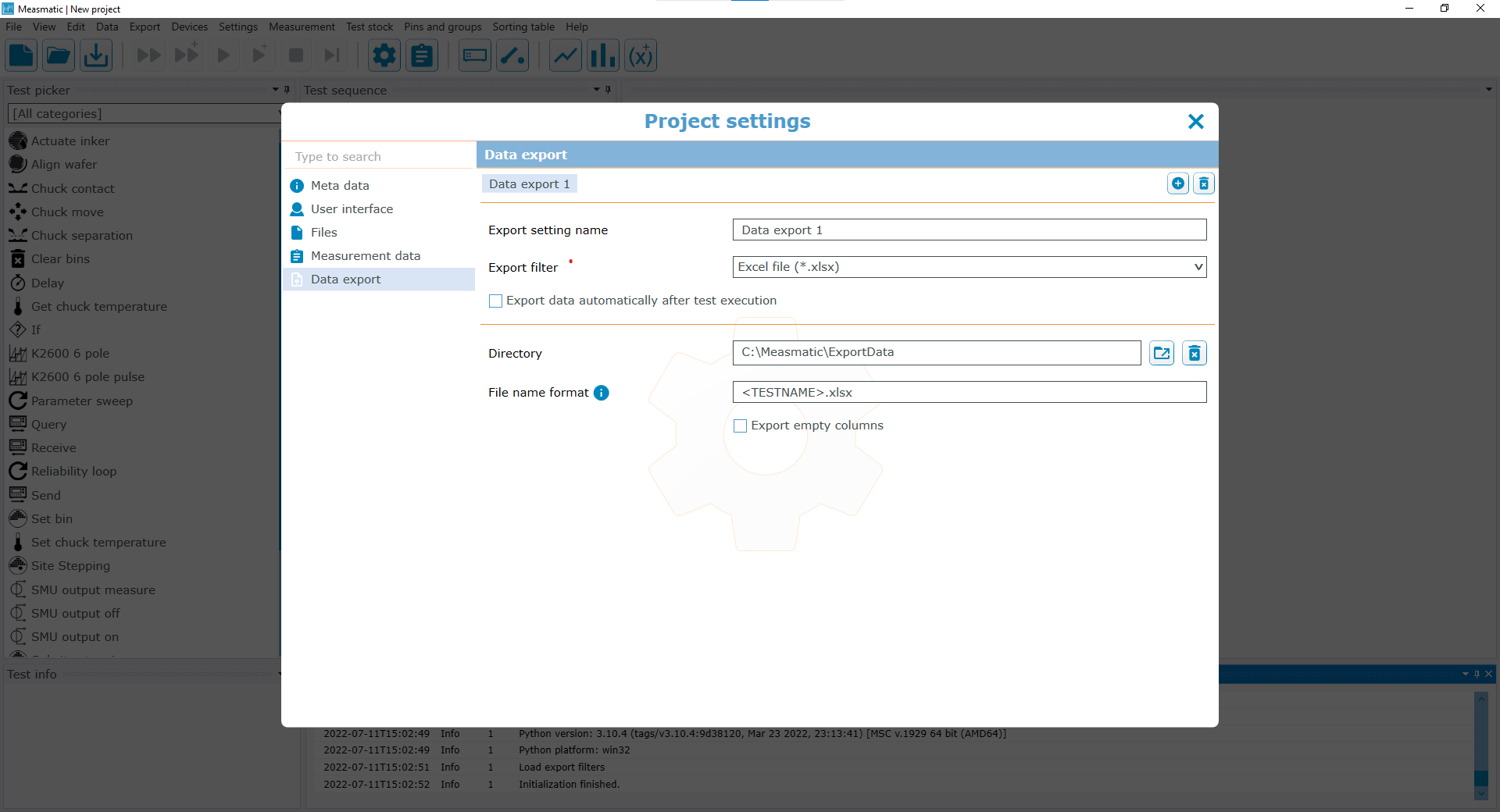 Project Settings - Data export